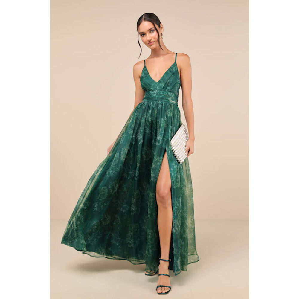 Lulus Green Floral Print Organza Maxi Dress - Size XL